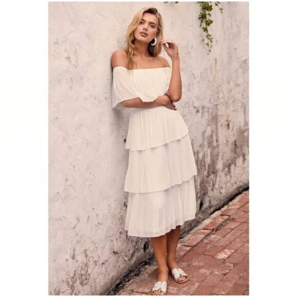 Lulus White Bridal Off-Shoulder Ruffle Dress, Size XS